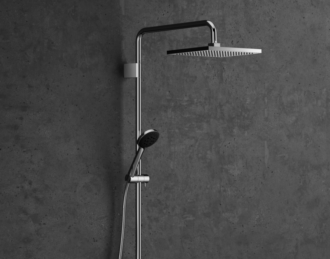 Dornbracht chrome square rain shower head and handset with wall-mounted riser rail on dark concrete wall