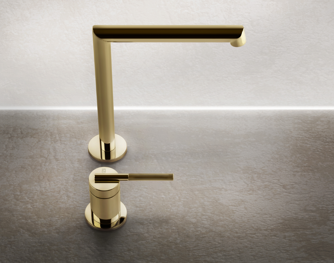 Gessi Anello gold 2-hole deck-mounted basin mixer. Designer Italian brassware with a knurled lever handle and polished gold finish for luxury bathroom interiors.