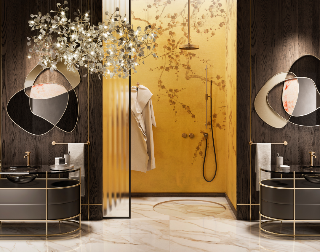 High-end luxury bathroom design with gold Gessi brassware, dark wood wall paneling, and marble flooring. Features designer curved vanities, glass vessel sinks, and a walk-in shower with decorative yellow feature wallpaper.