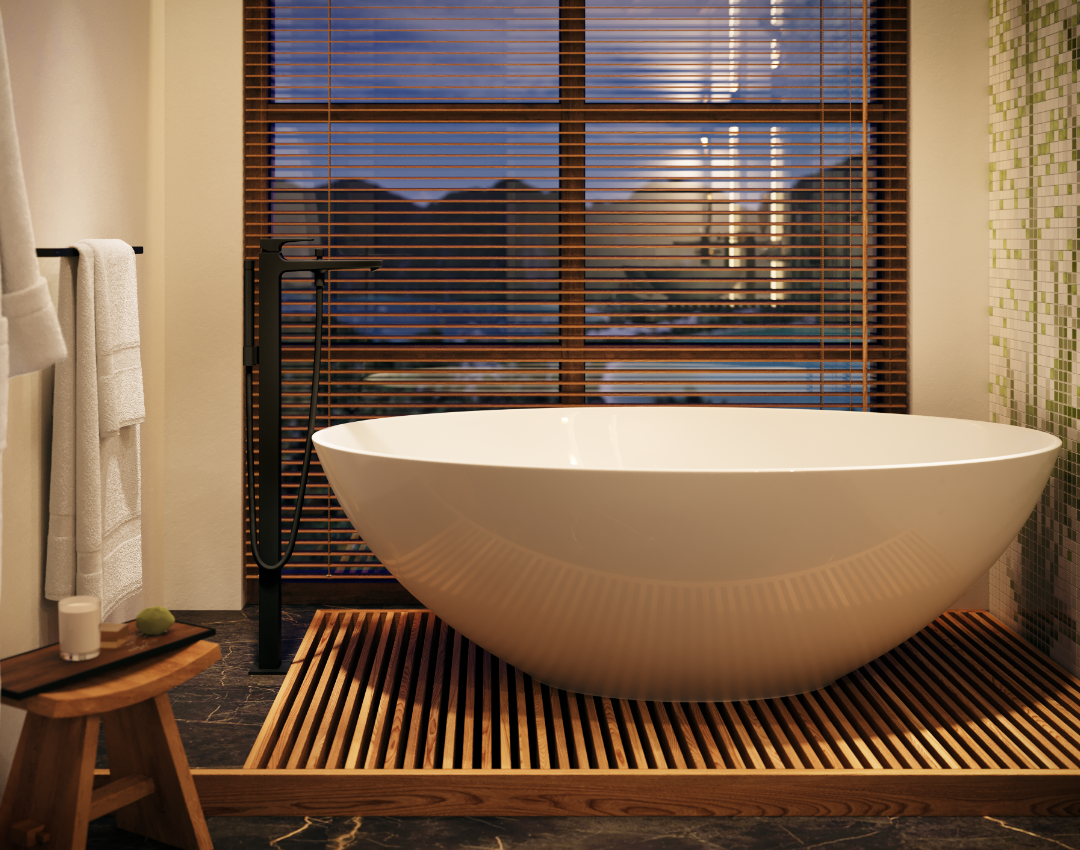 Modern freestanding oval bathtub with matte black floor-mounted bath mixer tap. Luxury bathroom design featuring a Japanese-inspired wooden bath deck and marble flooring.