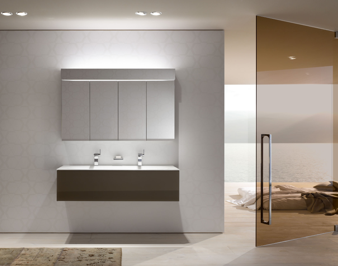 Keuco Edition 400 double vanity setup with a truffle-finish wall-hung unit, two chrome basin mixers, and a four-door illuminated mirror cabinet.