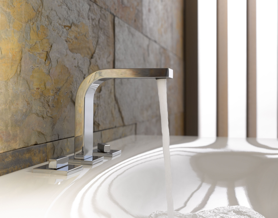 KEUCO Stageline wall-hung vanity unit in anthracite with a light wood open storage shelf. Features a modern white washbasin and a tall chrome mono basin mixer tap against a minimalist grey background.