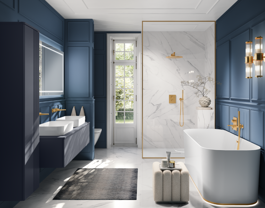 Villeroy & Boch luxury bathroom with navy blue wood panelling, gold brassware, and freestanding bathtub against marble walk-in shower