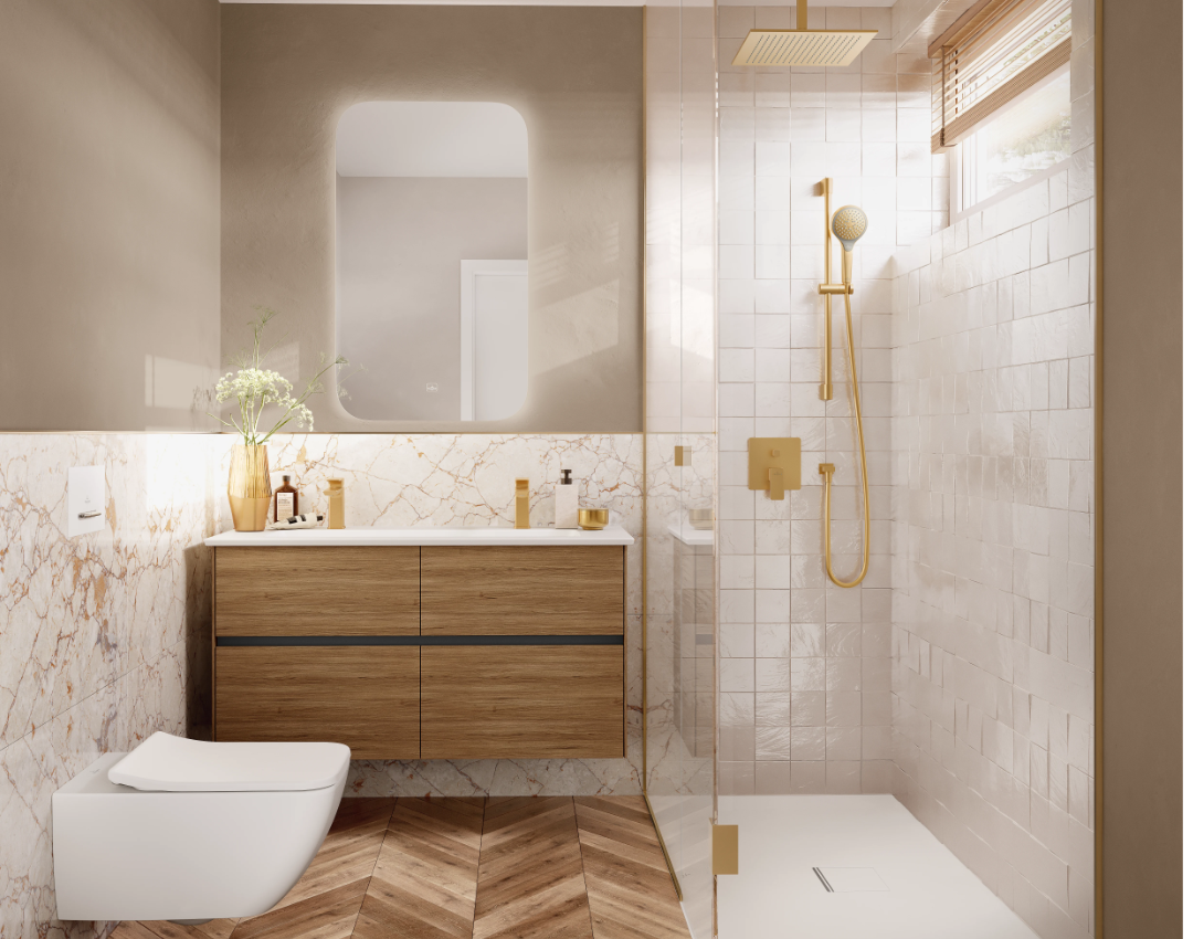 Villeroy & Boch Vanity Unit and Brushed Gold Bathroom Fittings Lifestyle Image