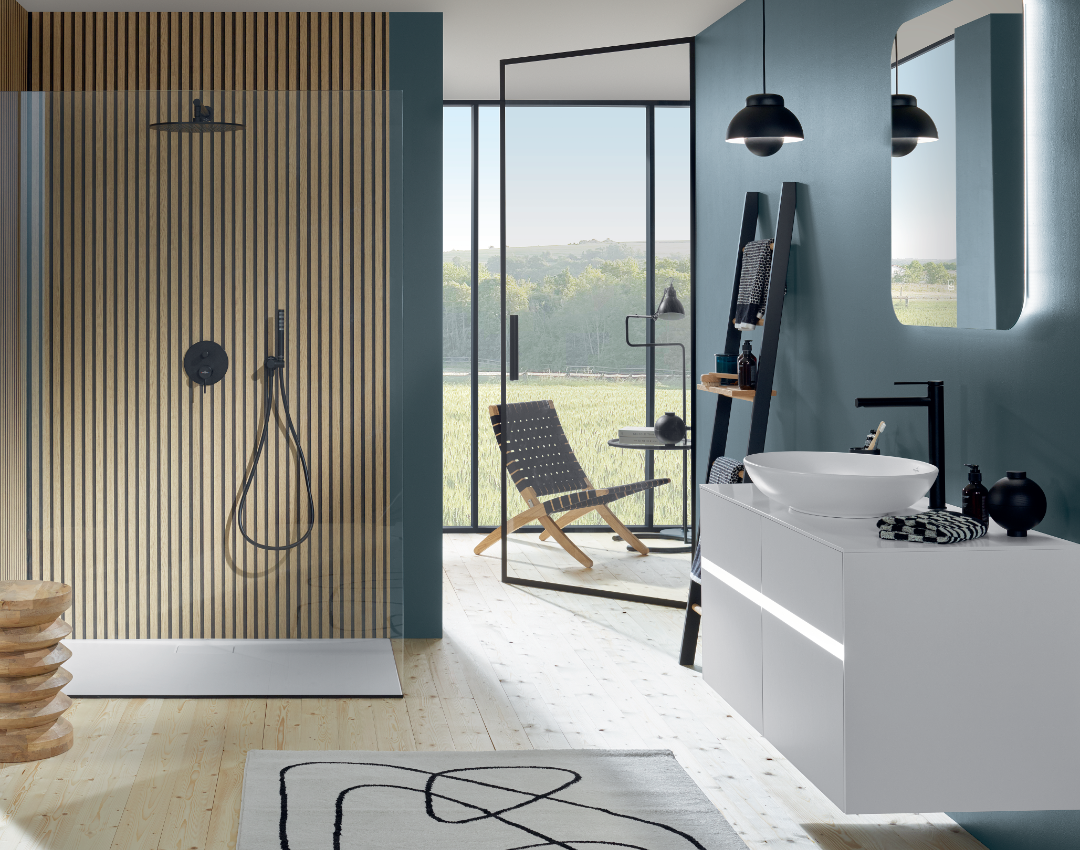 Villeroy & Boch Loop & Friend Countertop Washbasin and a tall matte black basin mixer lifestyle image available at J.A.Clarke & Co, Leicester plumbers merchants