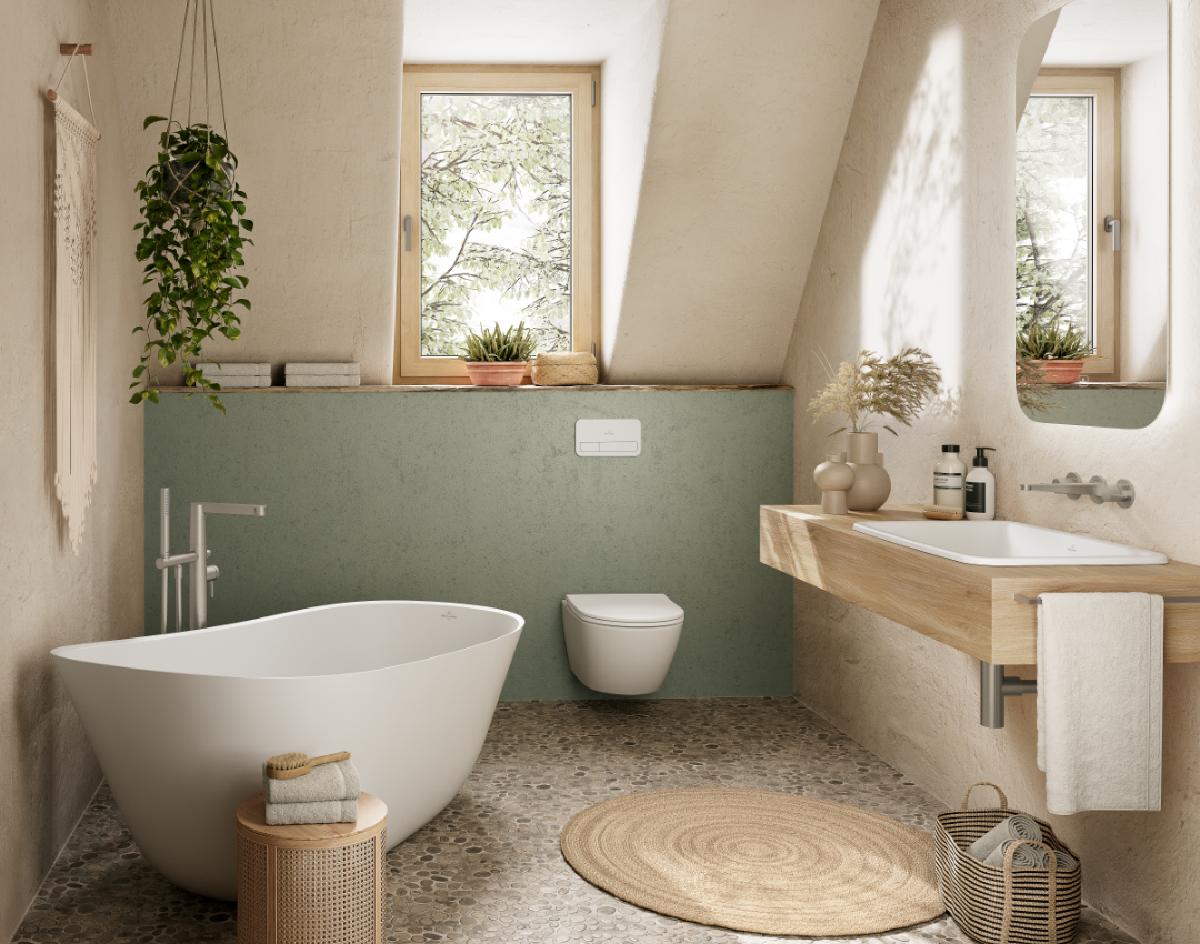 Villeroy & Boch Freestanding Oval Bathtub Lifestyle Image can be found at our Leicester bathroom showroom, J.A.Clarke & Co.