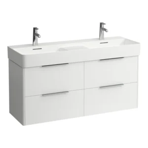 Discounted Laufen Base vanity unit with basin, featuring a white cabinet with four drawers and two chrome faucets.