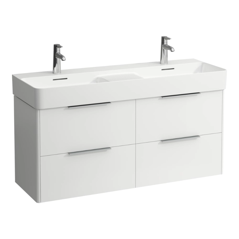 Discounted Laufen Base vanity unit with basin, featuring a white cabinet with four drawers and two chrome faucets.