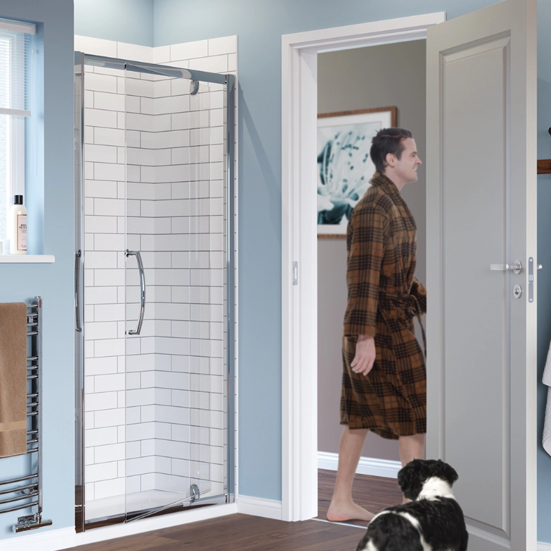 Bathroom scene with a pivot door shower, man in robe, and dog.